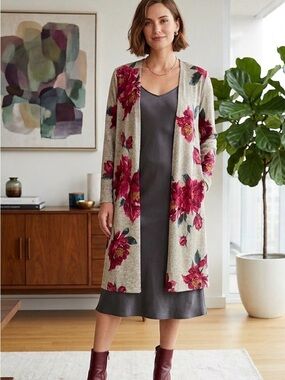 Floral Open-Front Sweater Cardigan